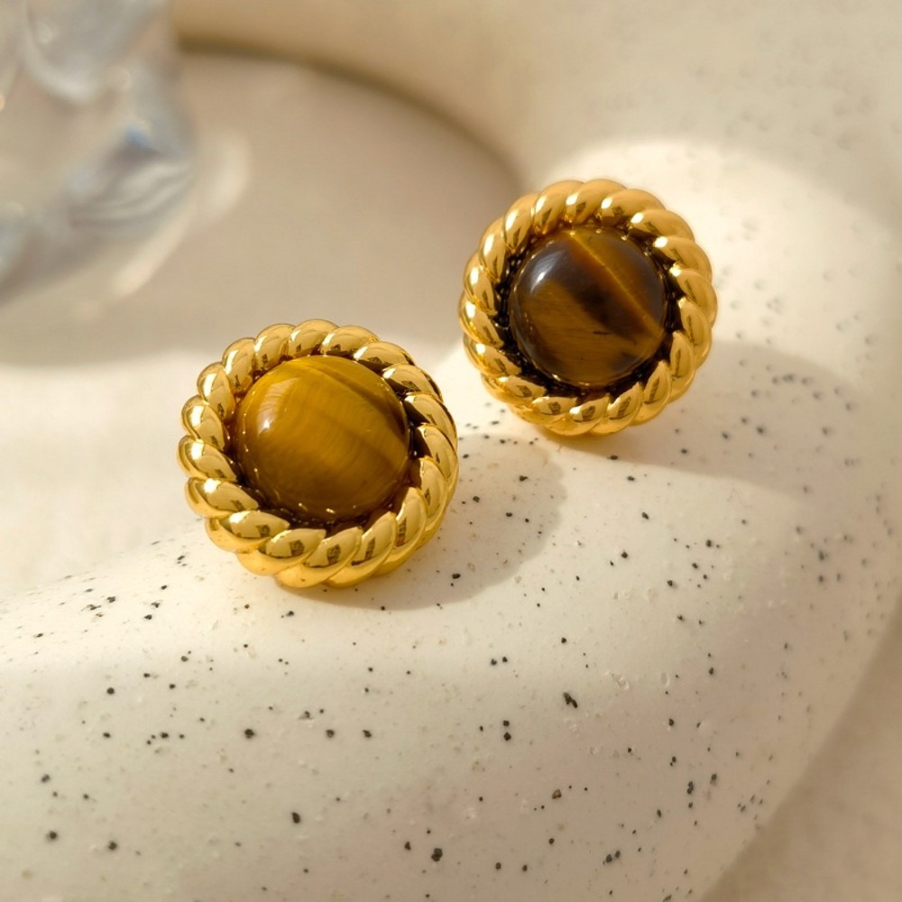💎24K Gold Round Earrings*Tiger’s Eye Earrings*